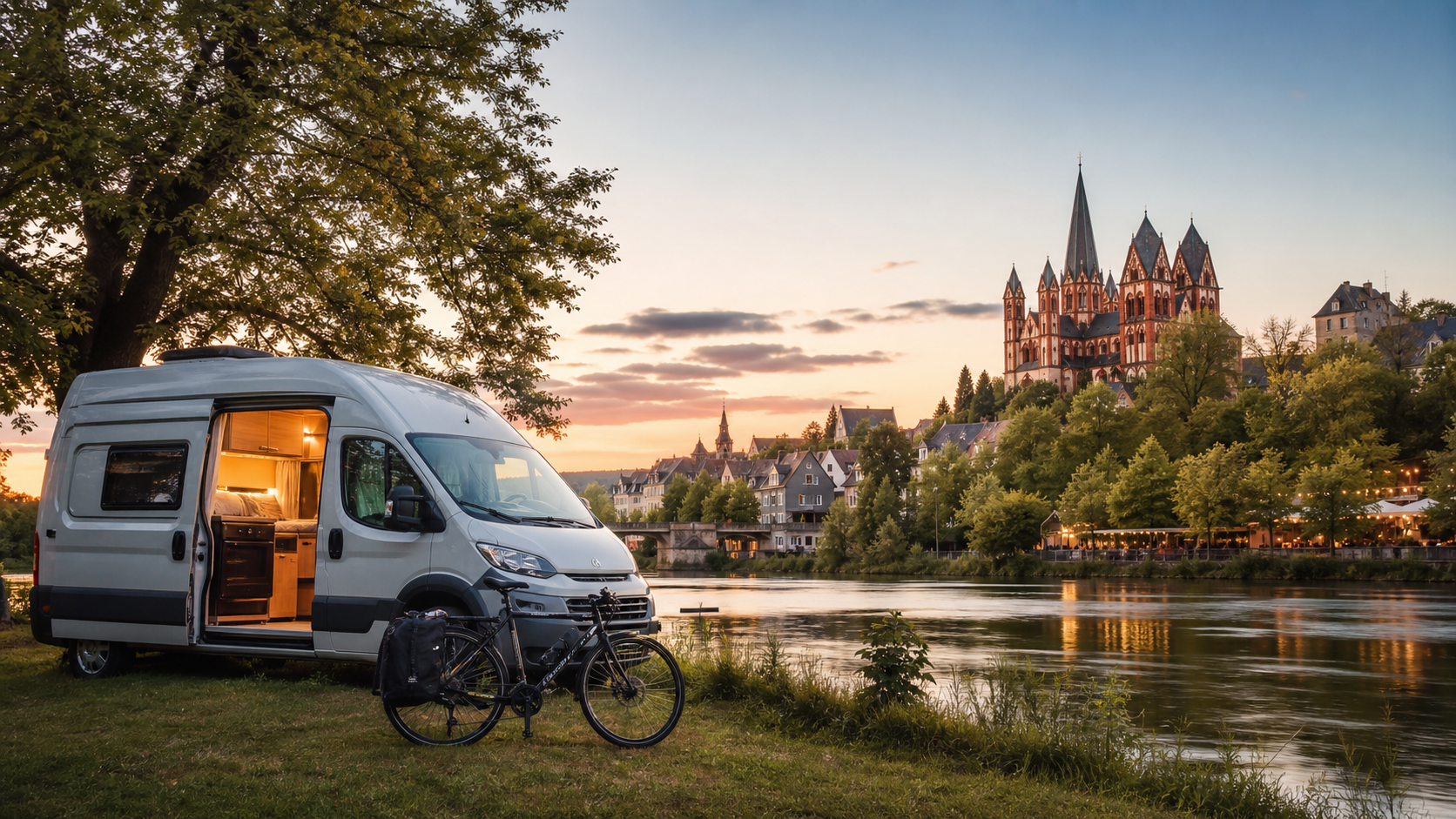 Wohnmobil und Reiserad am Lahnufer vor der Kulisse von Limburg in warmem Abendlicht