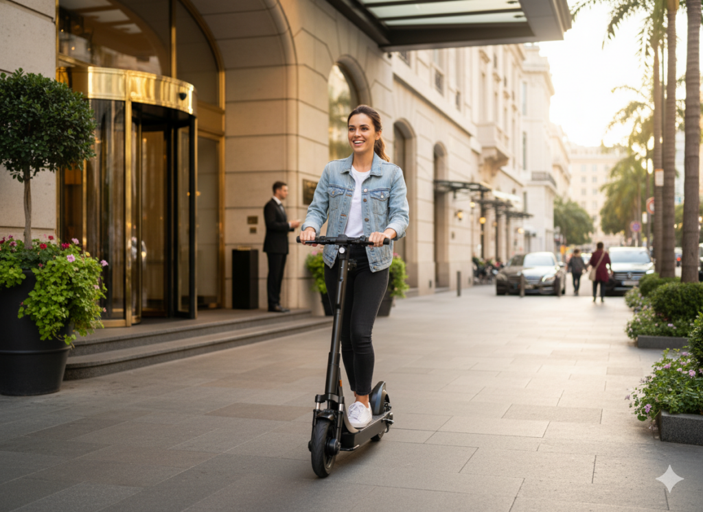 Frau fährt mit einem E-Scooter vor einem Hotel