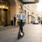 Frau fährt mit einem E-Scooter vor einem Hotel