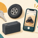 Illustration zur Ersatzteilsuche: Schlüssel, Reifen, Batterie, Smartphone mit Detailfoto und Checkliste.