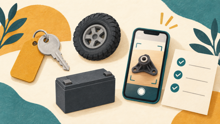 Illustration zur Ersatzteilsuche: Schlüssel, Reifen, Batterie, Smartphone mit Detailfoto und Checkliste.